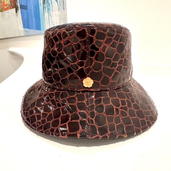Eric Javits |  Croc Embossed Patent Water Repellent Rain Bucket Hat | Dark Brown - Picture 2 of 7